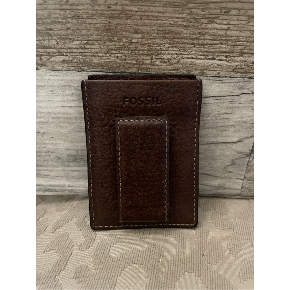 VTG Fossil Mens Leather Magnetic Money Clip Card Case Wallet Dark Brown Pebbled